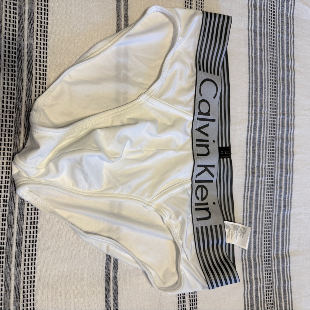 Calvin Klein White Briefs with Gray Striped Logo Waistband